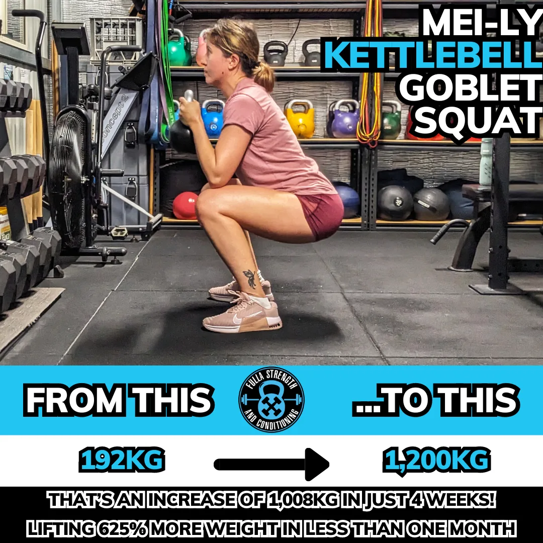 Client performing kettlebell goblet squat at Fulla SC Bertram